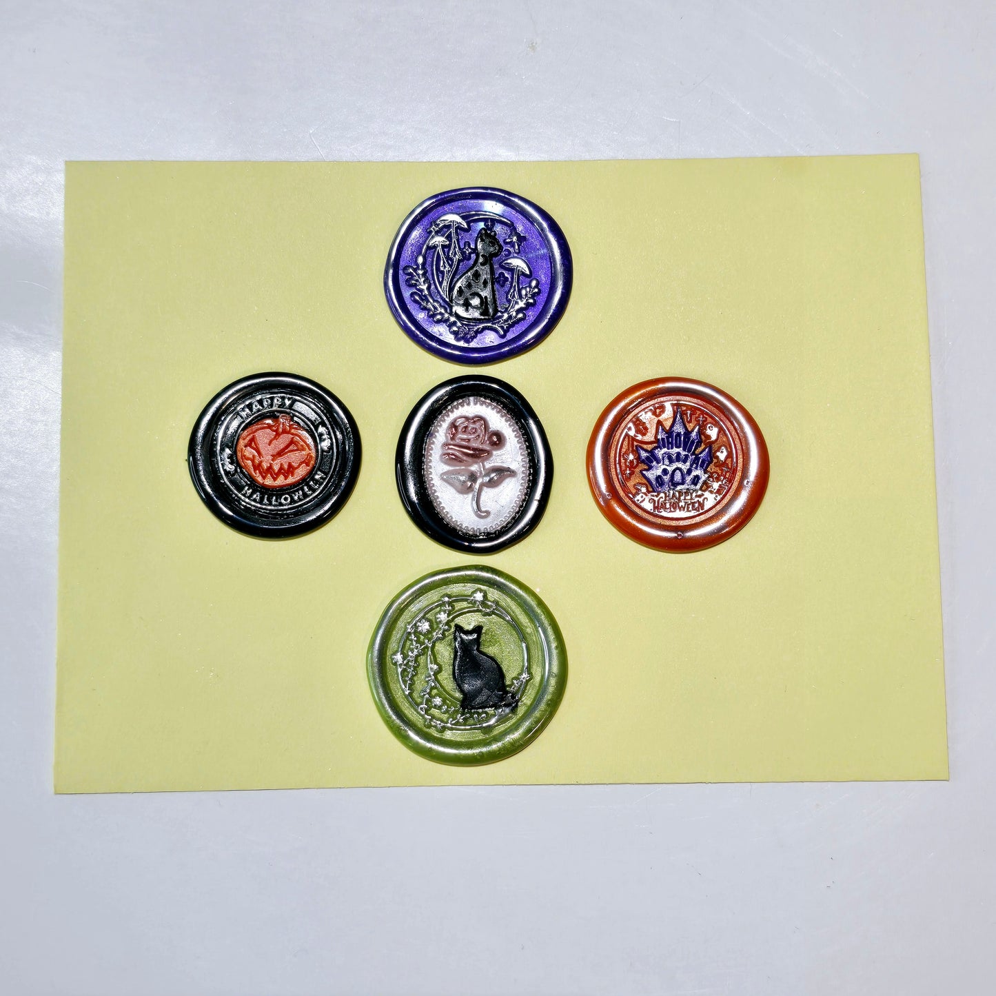 Halloween Wax Seals Mixed, Pumpkin, Black Cat, Haunted Mansion, Goth Rose Set of Five Wax Seals, for cards, invitations, letters and gifts!