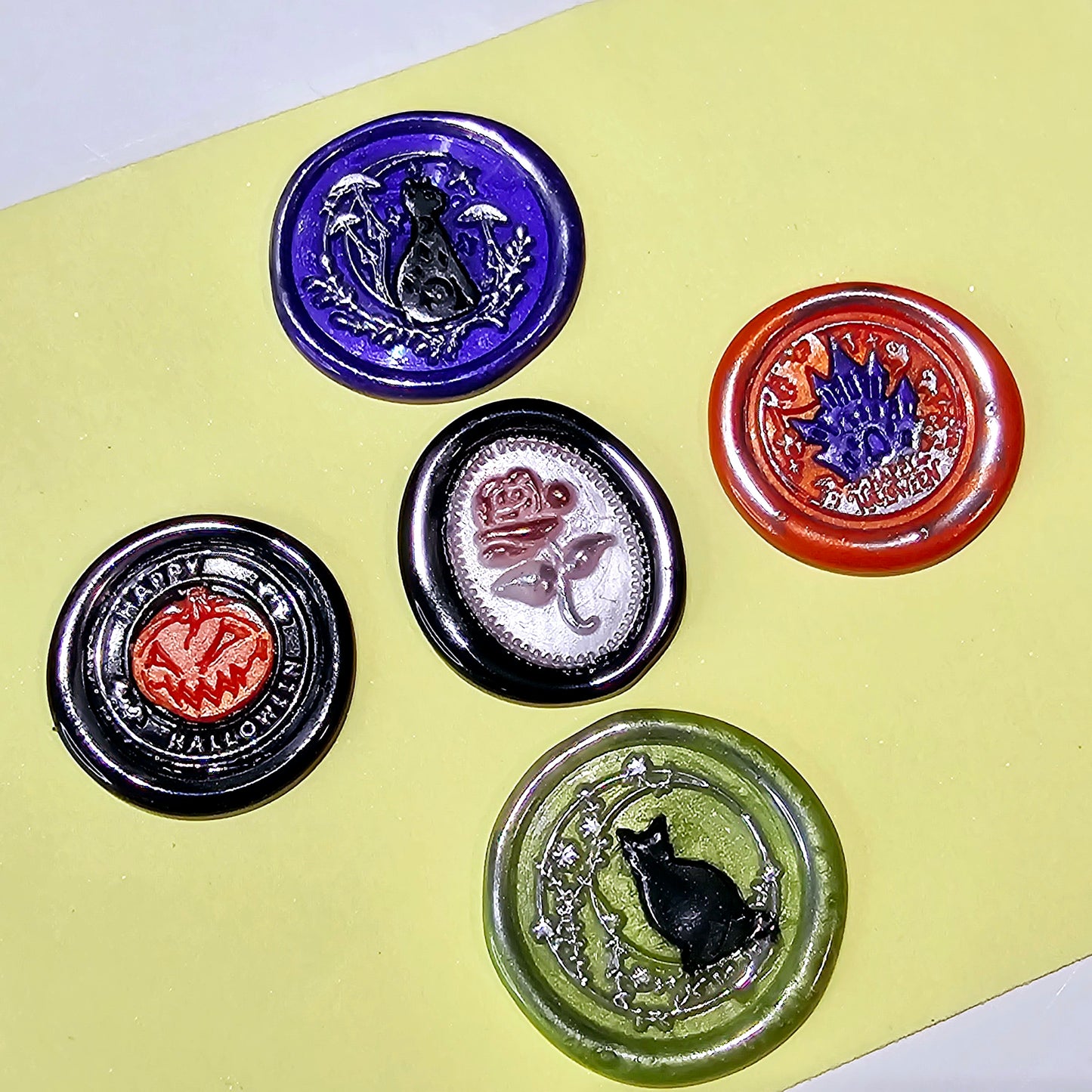 Halloween Wax Seals Mixed, Pumpkin, Black Cat, Haunted Mansion, Goth Rose Set of Five Wax Seals, for cards, invitations, letters and gifts!