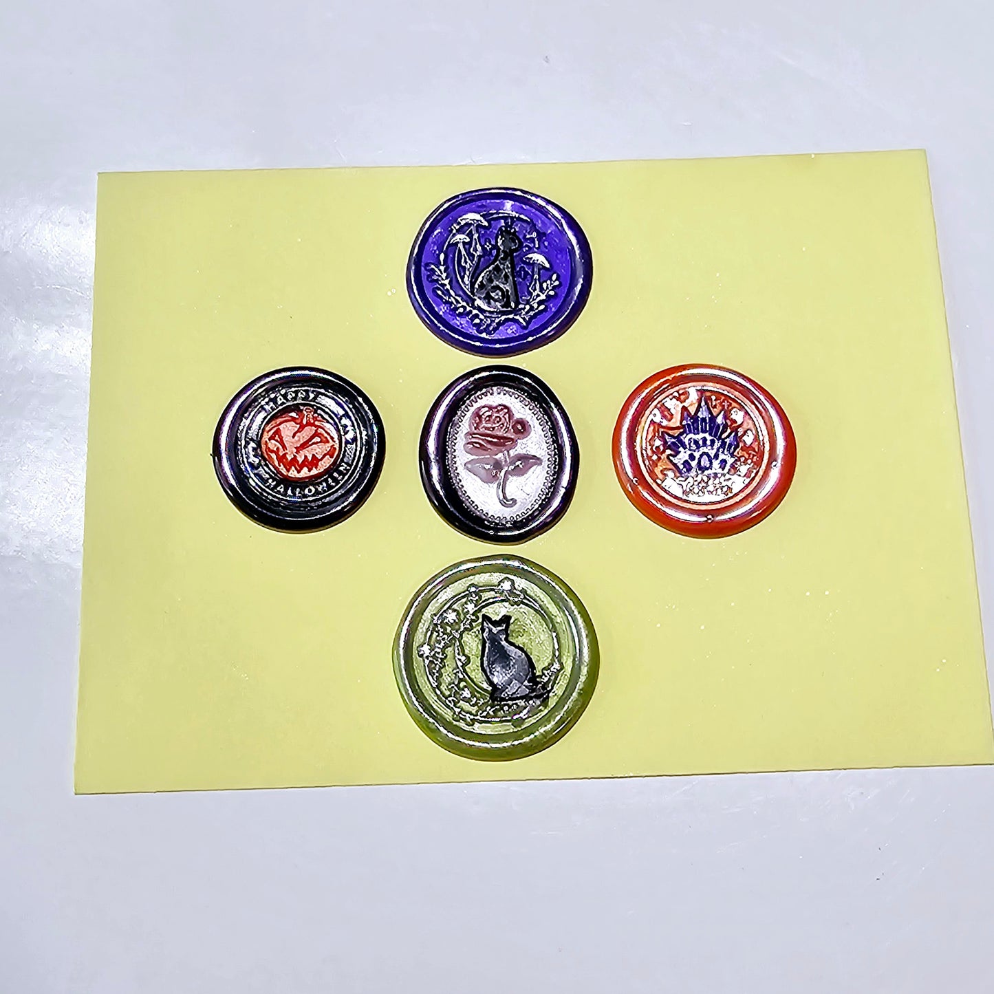 Halloween Wax Seals Mixed, Pumpkin, Black Cat, Haunted Mansion, Goth Rose Set of Five Wax Seals, for cards, invitations, letters and gifts!