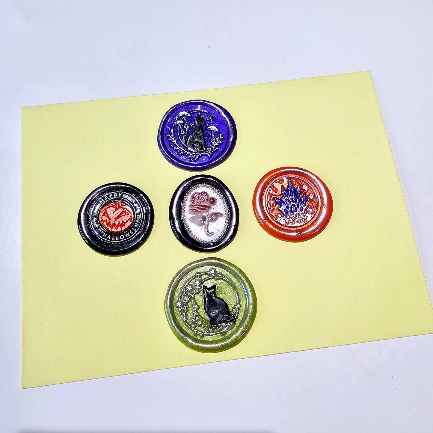 Halloween Wax Seals Mixed, Pumpkin, Black Cat, Haunted Mansion, Goth Rose Set of Five Wax Seals, for cards, invitations, letters and gifts!
