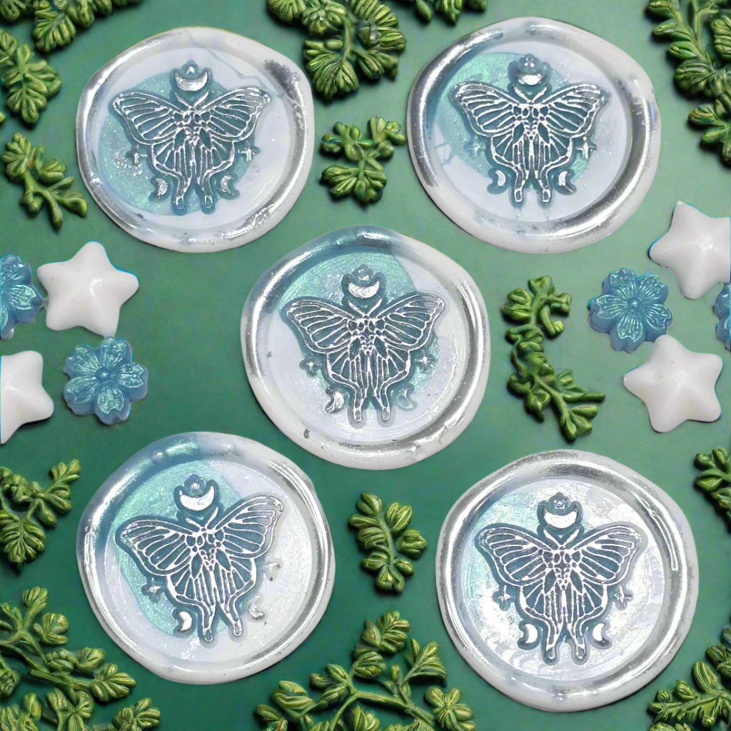 Butterfly White and Teal Blue Green Wax Seals Metallic Set of Five