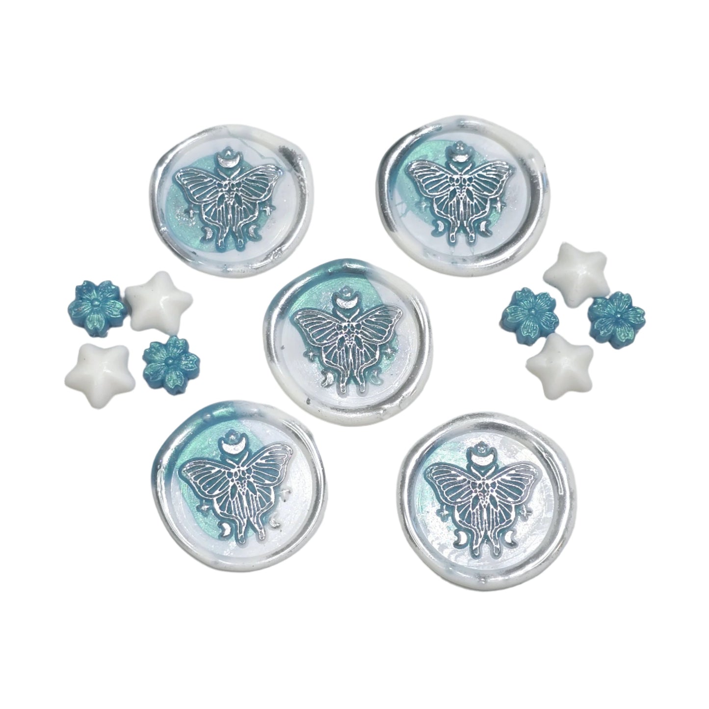 Butterfly White and Teal Blue Green Wax Seals Metallic Set of Five