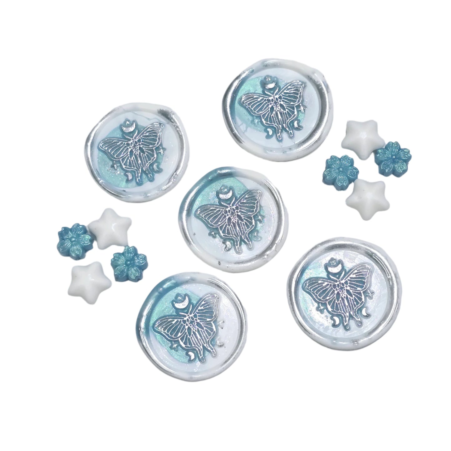 Butterfly White and Teal Blue Green Wax Seals Metallic Set of Five