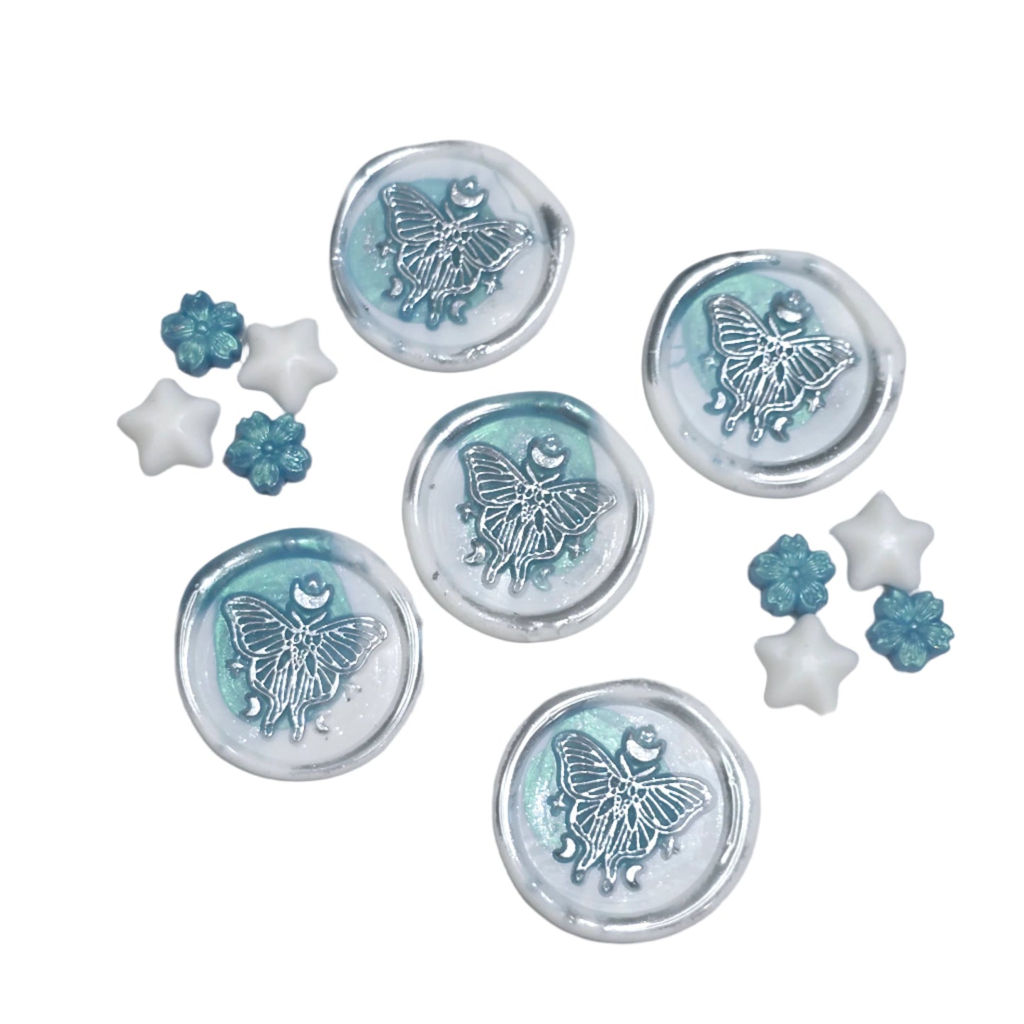 Butterfly White and Teal Blue Green Wax Seals Metallic Set of Five