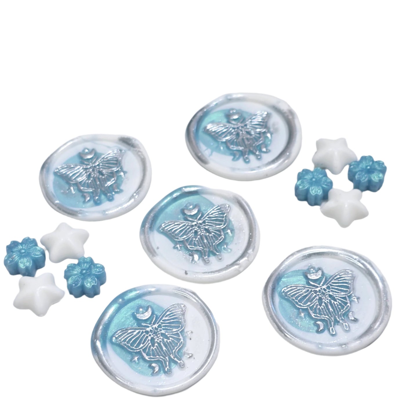 Butterfly White and Teal Blue Green Wax Seals Metallic Set of Five