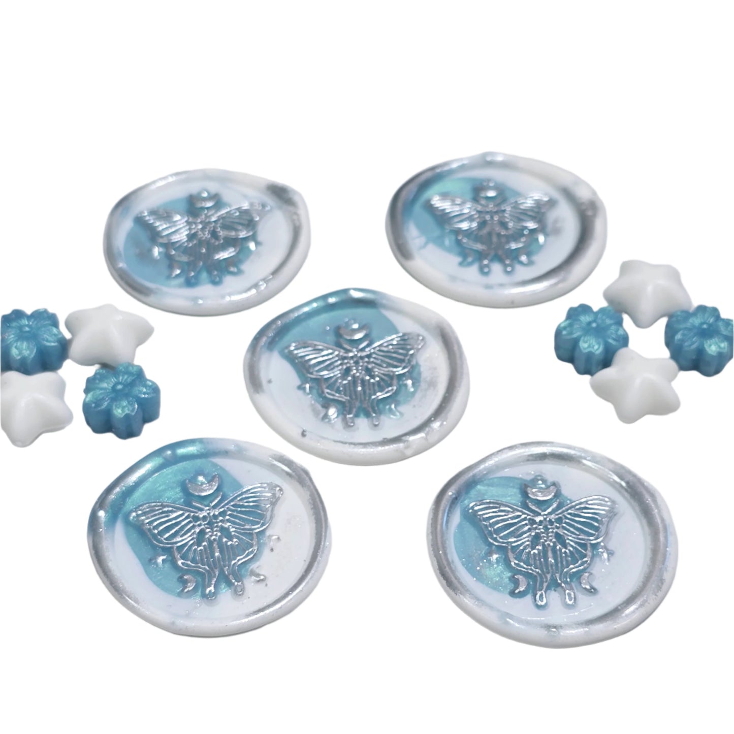 Butterfly White and Teal Blue Green Wax Seals Metallic Set of Five