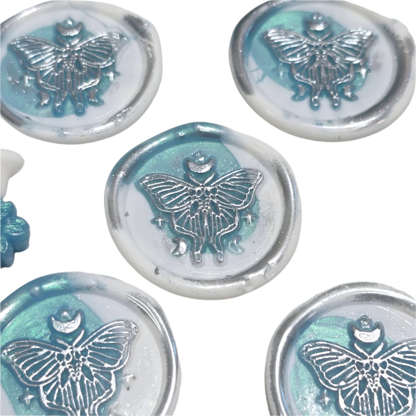 Butterfly White and Teal Blue Green Wax Seals Metallic Set of Five