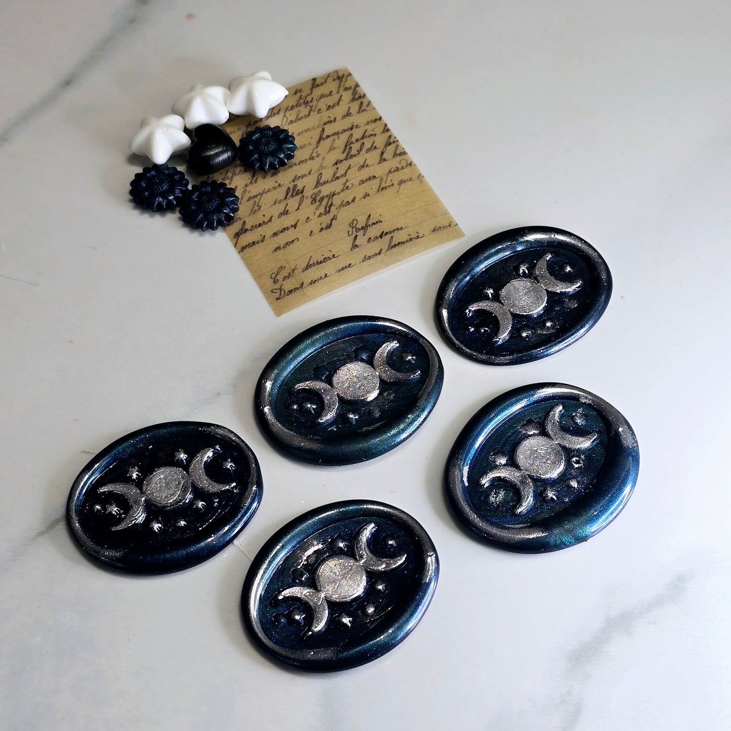 Triple Moon Midnight Blue & Silver Wax Seals Set of Five, for cards, invitations, letters and gifts!