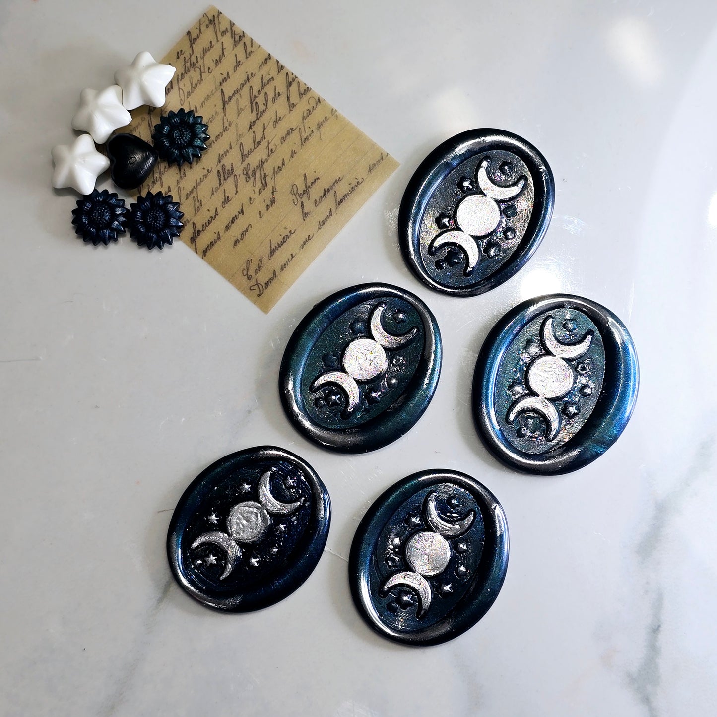 Triple Moon Midnight Blue & Silver Wax Seals Set of Five, for cards, invitations, letters and gifts!