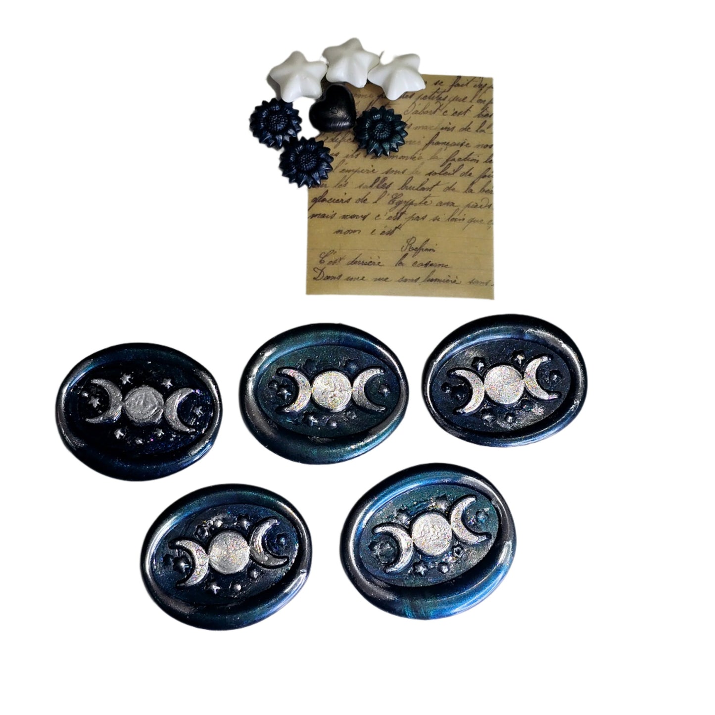 Triple Moon Midnight Blue & Silver Wax Seals Set of Five, for cards, invitations, letters and gifts!