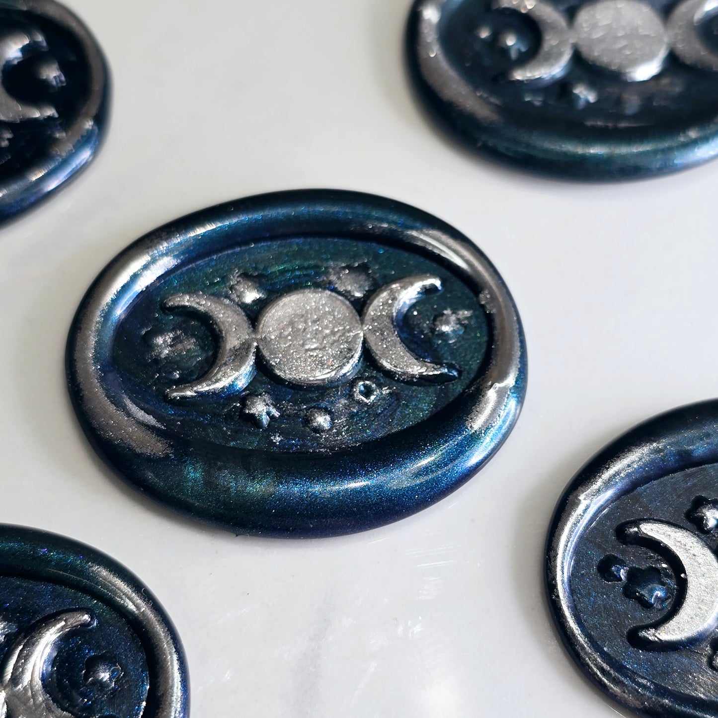 Triple Moon Midnight Blue & Silver Wax Seals Set of Five, for cards, invitations, letters and gifts!
