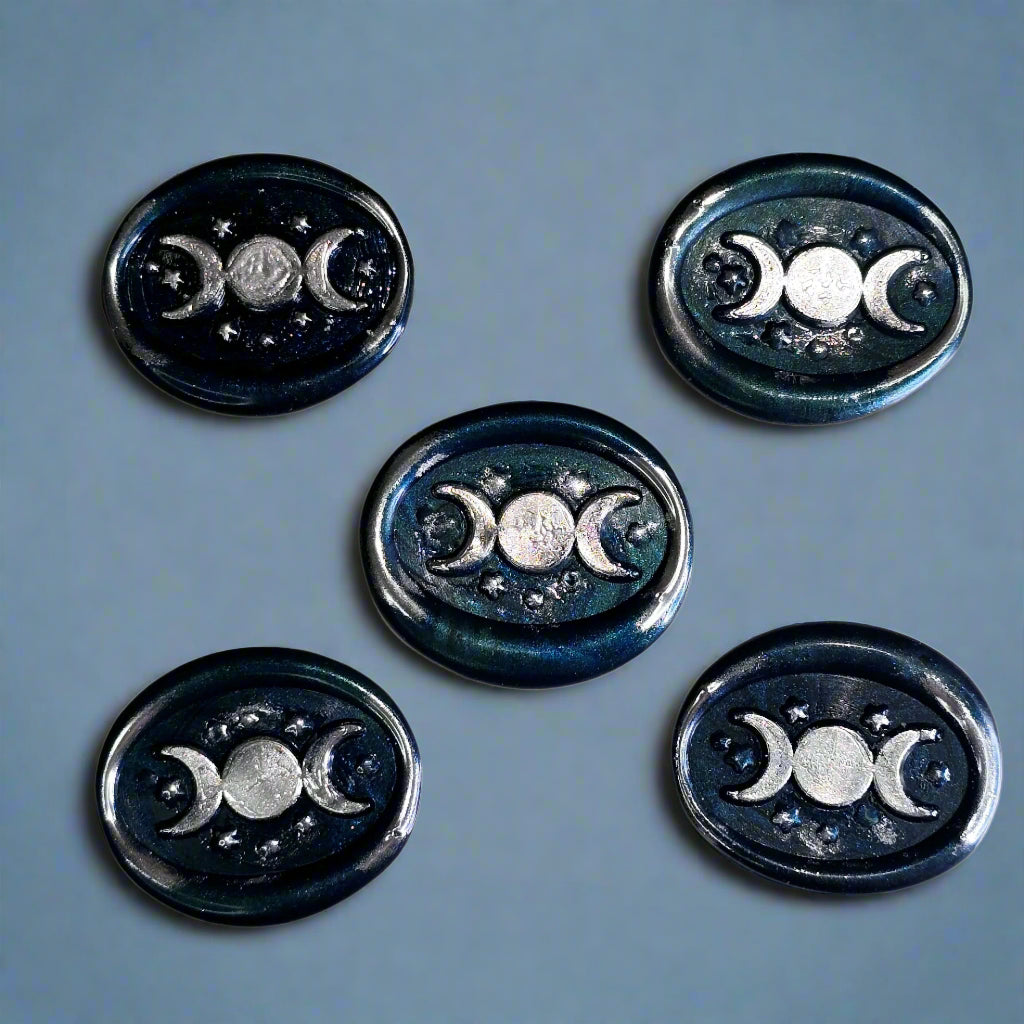 Triple Moon Midnight Blue & Silver Wax Seals Set of Five, for cards, invitations, letters and gifts!