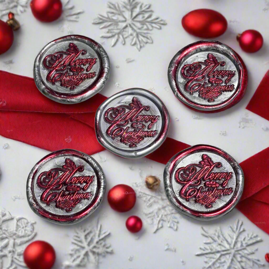 Merry Christmas Wax Seals Gray, Red & Silver Features Holly Set of Five