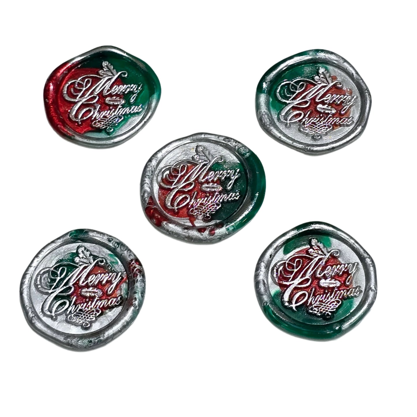 Merry Christmas Wax Seals in Red, Green & Silver Features a Holly Set of Five