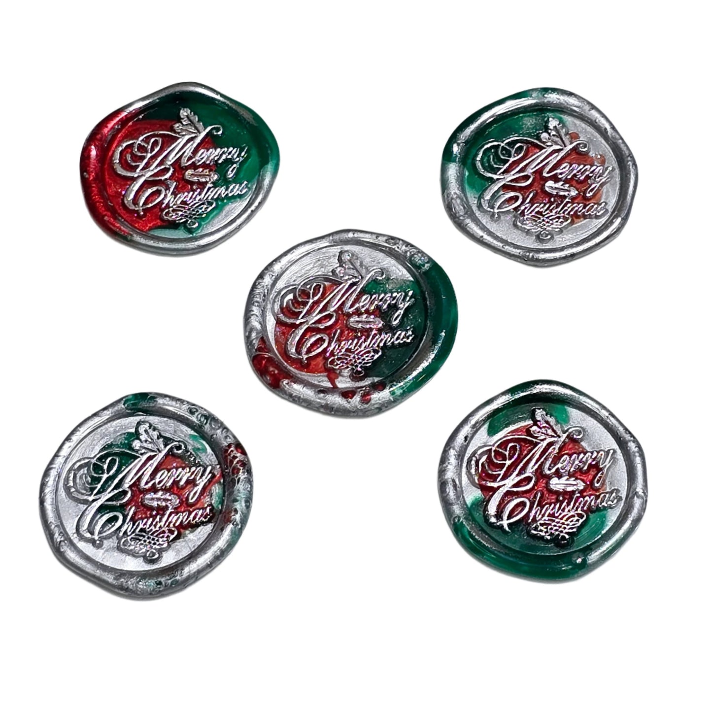 Merry Christmas Wax Seals in Red, Green & Silver Features a Holly Set of Five