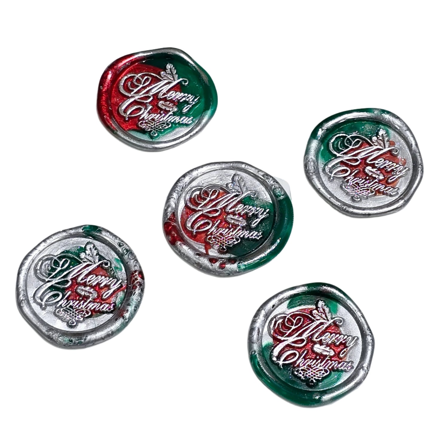 Merry Christmas Wax Seals in Red, Green & Silver Features a Holly Set of Five