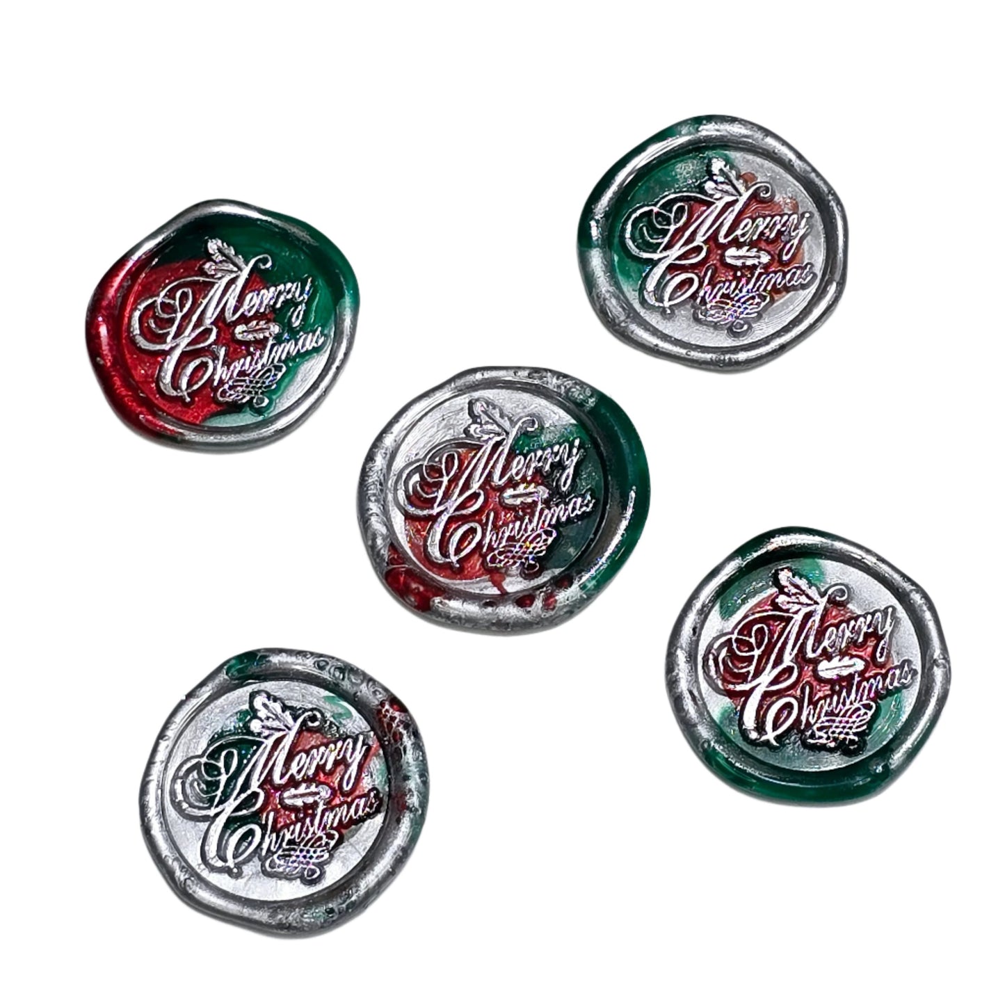 Merry Christmas Wax Seals in Red, Green & Silver Features a Holly Set of Five