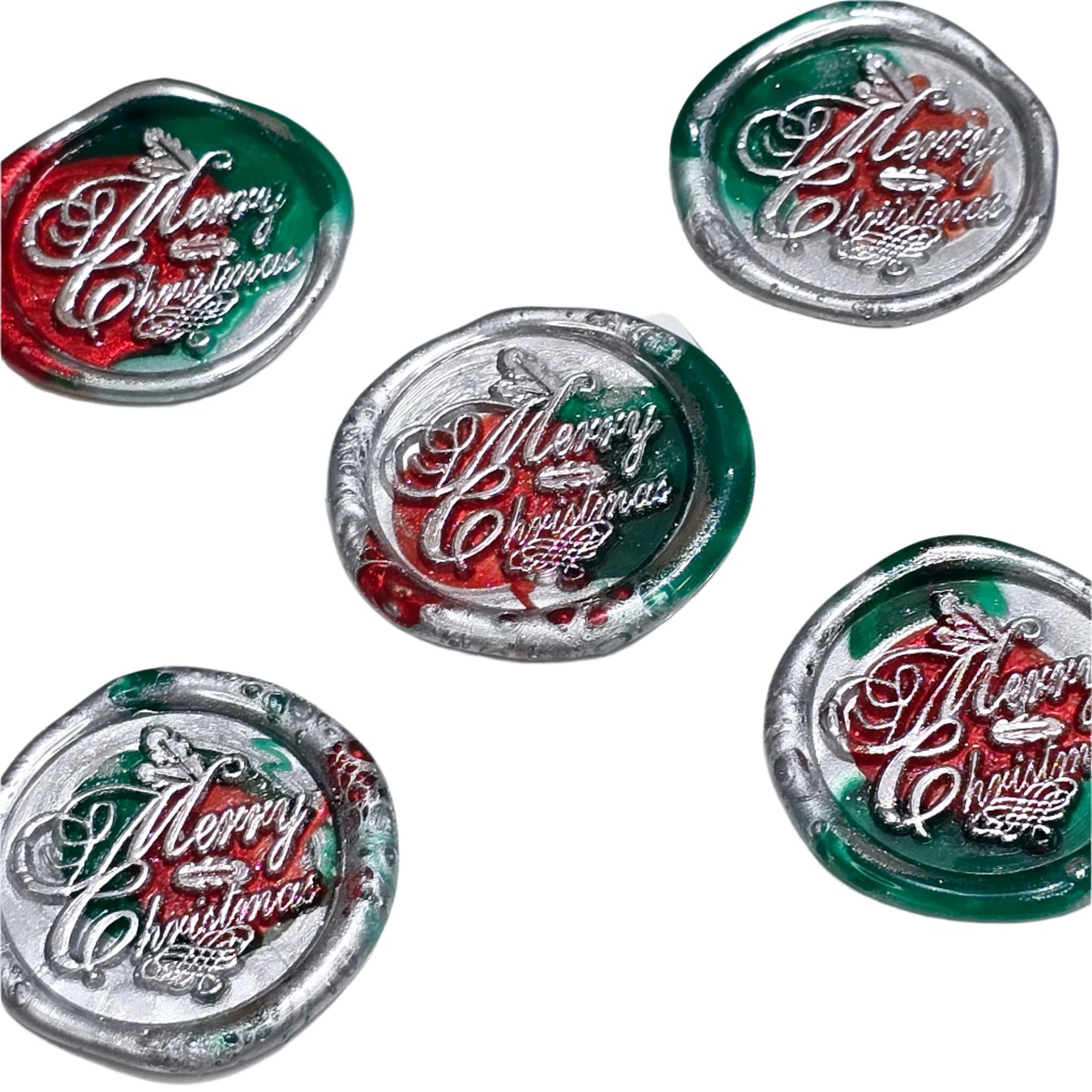 Merry Christmas Wax Seals in Red, Green & Silver Features a Holly Set of Five