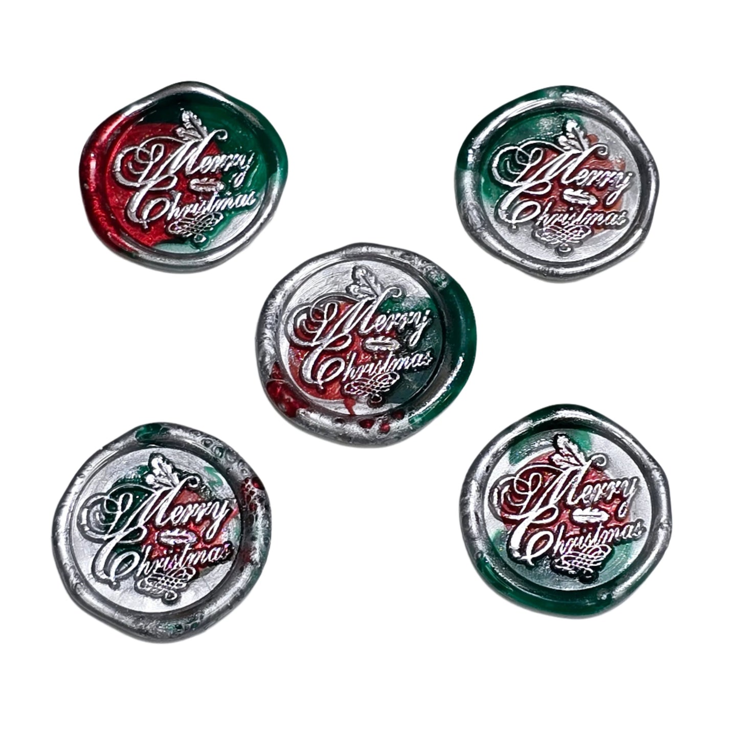 Merry Christmas Wax Seals in Red, Green & Silver Features a Holly Set of Five