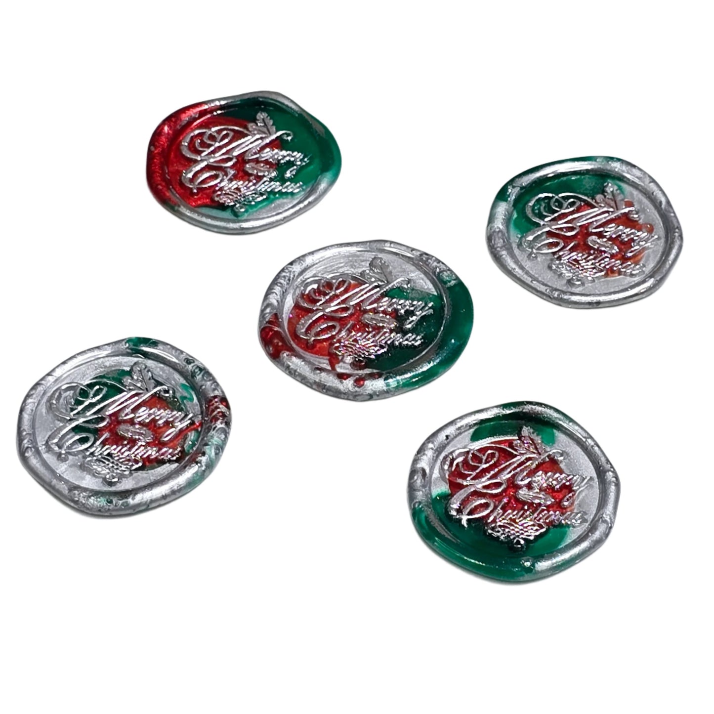 Merry Christmas Wax Seals in Red, Green & Silver Features a Holly Set of Five