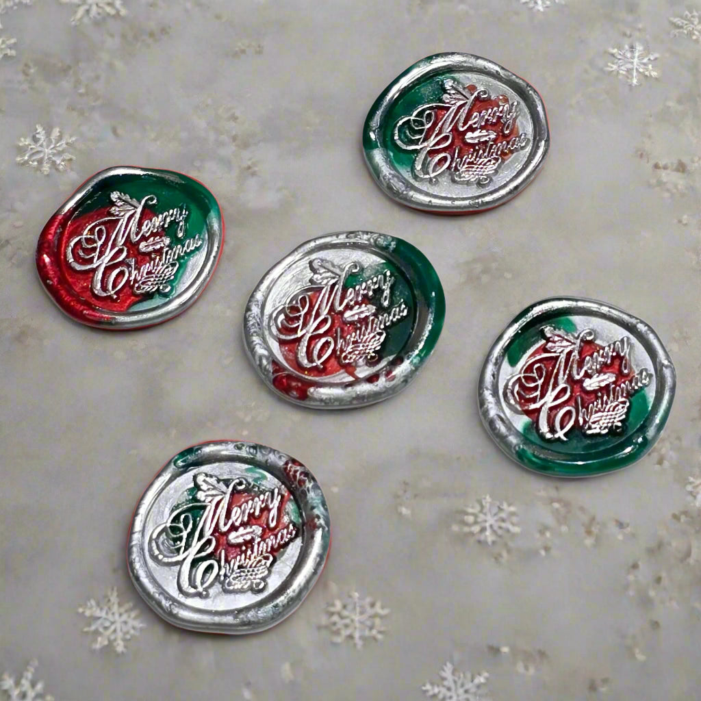 Merry Christmas Wax Seals in Red, Green & Silver Features a Holly Set of Five