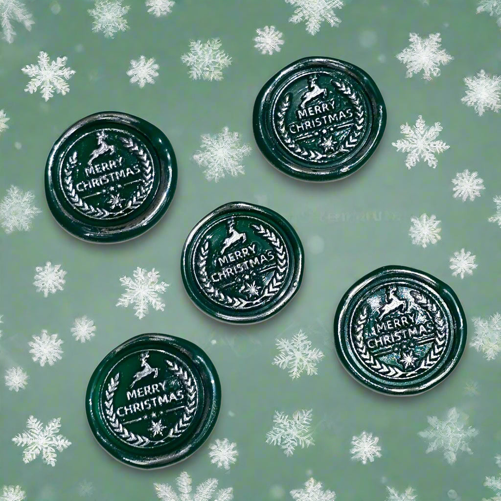 Merry Christmas Green & Silver Wreath & Deer Wax Seals