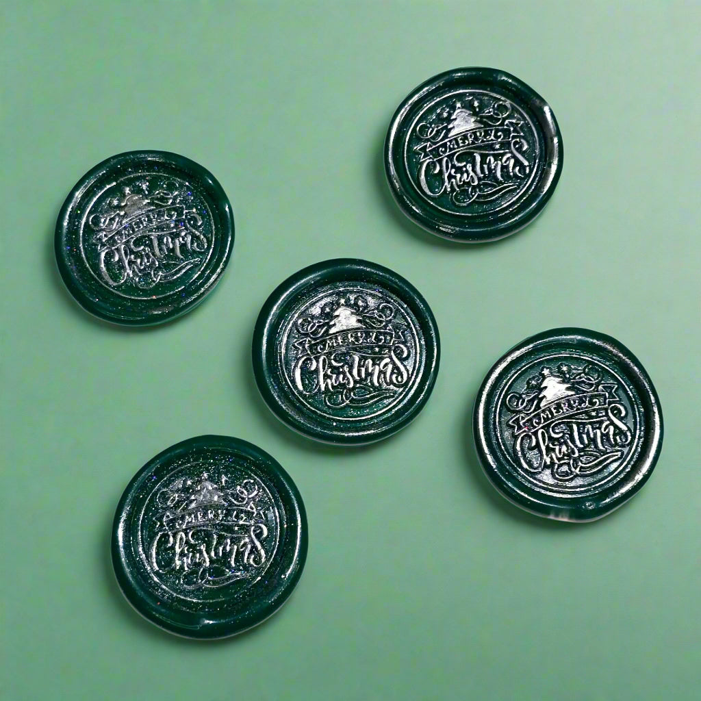 Merry Christmas Wax Seals Green & Silver Features a Tree Set of Five