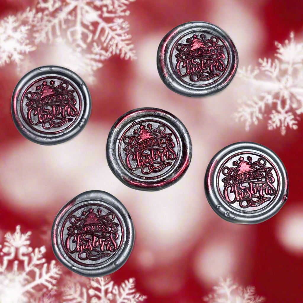 Merry Christmas Wax Seals Gray,Red & Silver Features a Tree Set of Five