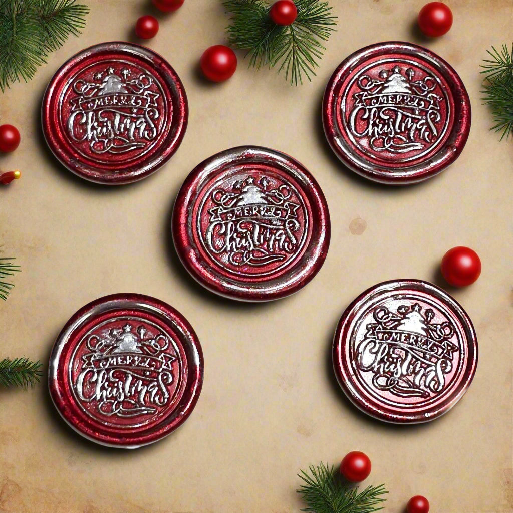 Merry Christmas Wax Seals Red & Silver Features a Tree Set of Five
