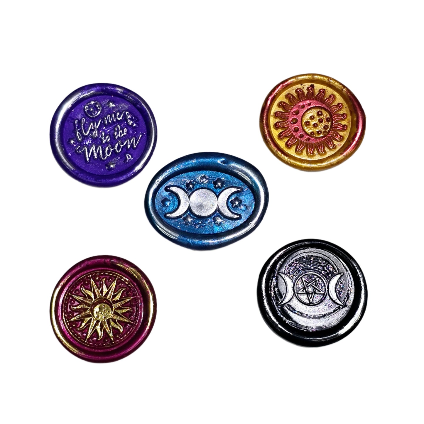 Triple Moon, Sun, Fly Me To The Moon, Set of Five Wax Seals, for cards, invitations, letters and gifts!