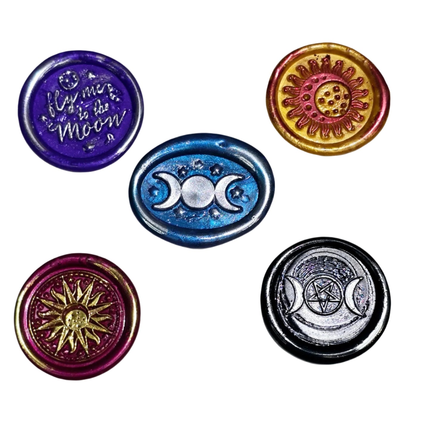 Triple Moon, Sun, Fly Me To The Moon, Set of Five Wax Seals, for cards, invitations, letters and gifts!