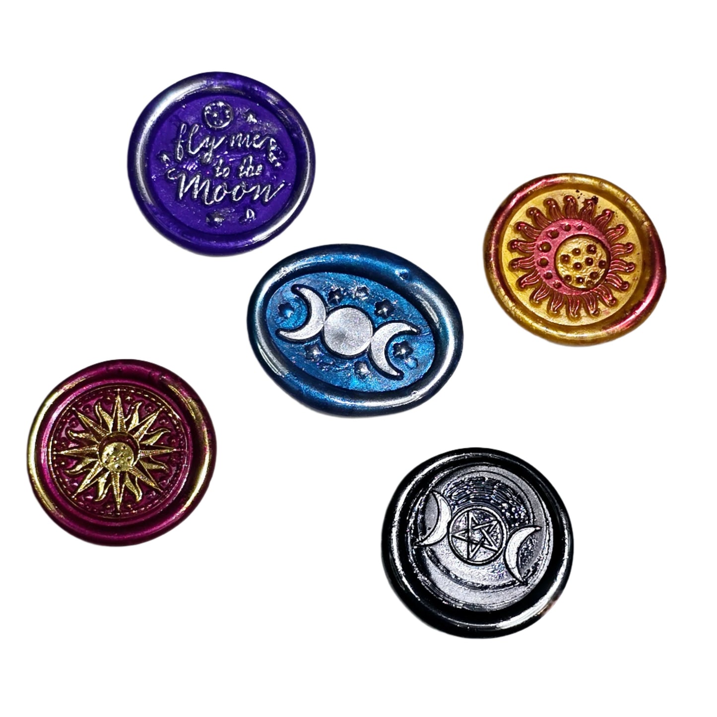 Triple Moon, Sun, Fly Me To The Moon, Set of Five Wax Seals, for cards, invitations, letters and gifts!