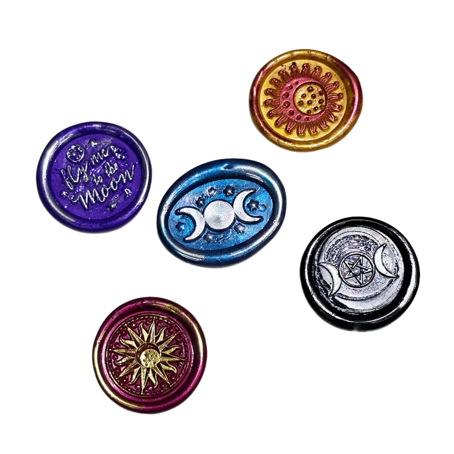 Triple Moon, Sun, Fly Me To The Moon, Set of Five Wax Seals, for cards, invitations, letters and gifts!