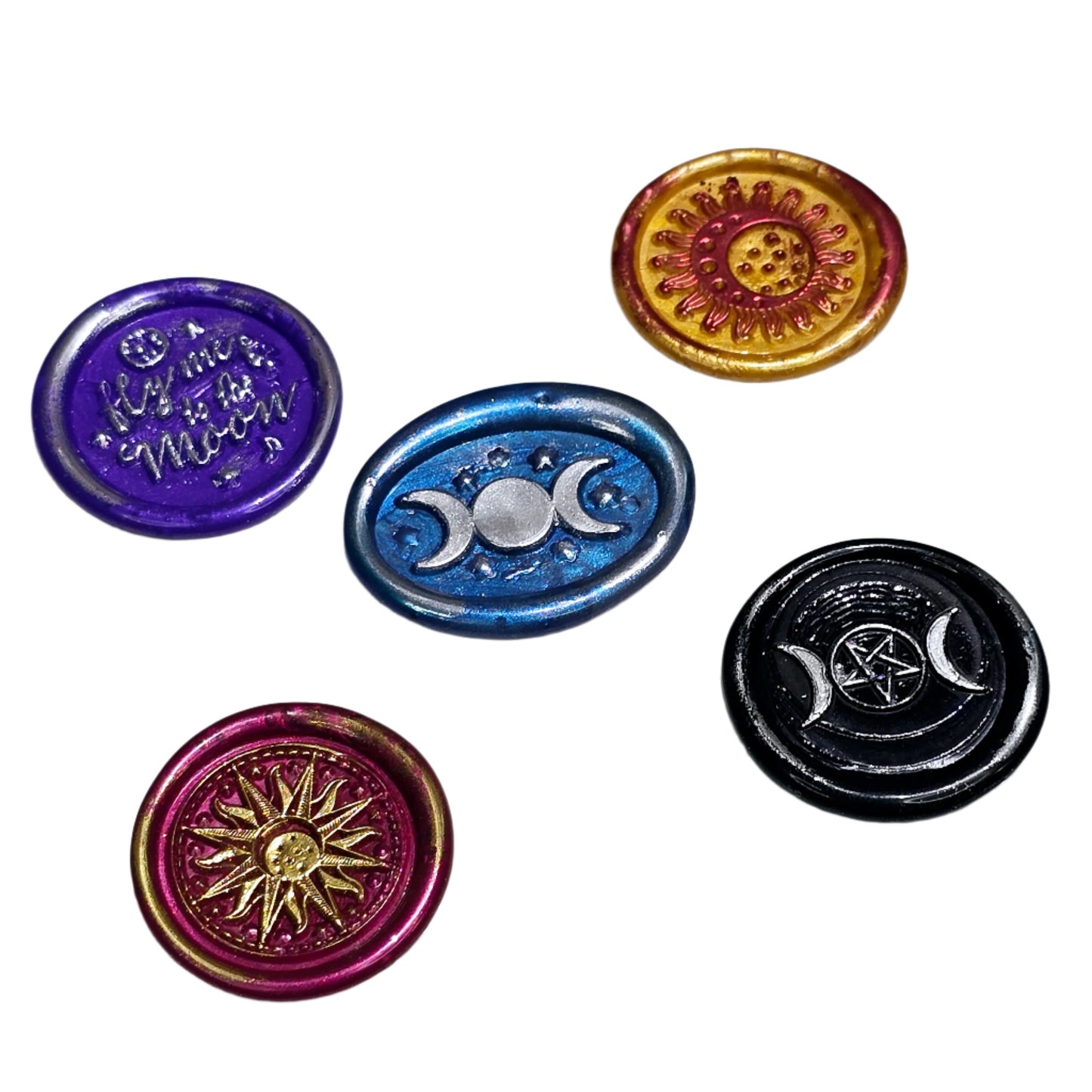 Triple Moon, Sun, Fly Me To The Moon, Set of Five Wax Seals, for cards, invitations, letters and gifts!