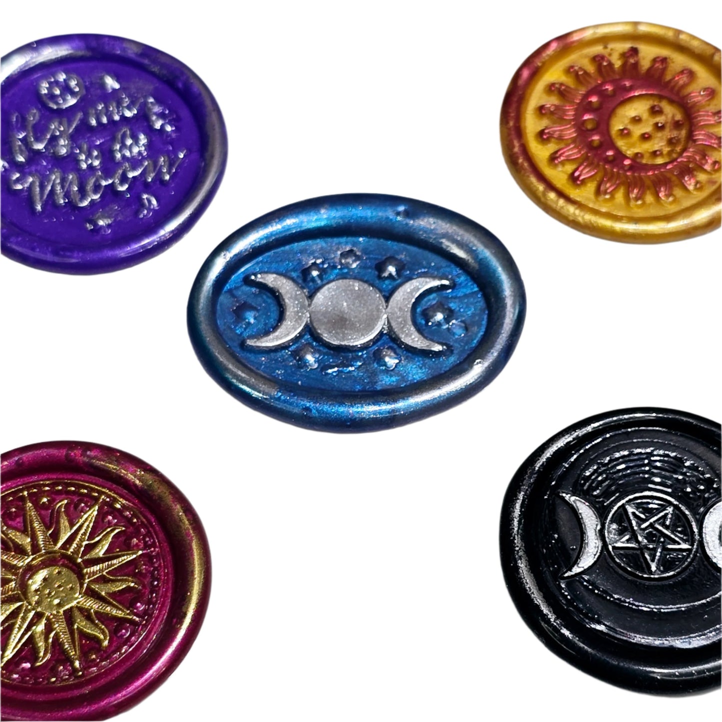 Triple Moon, Sun, Fly Me To The Moon, Set of Five Wax Seals, for cards, invitations, letters and gifts!