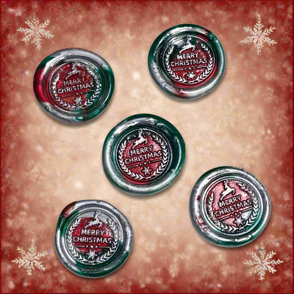 Merry Christmas Wax Seals in Red, Green & Silver Features Wreath & Deer Set of Five