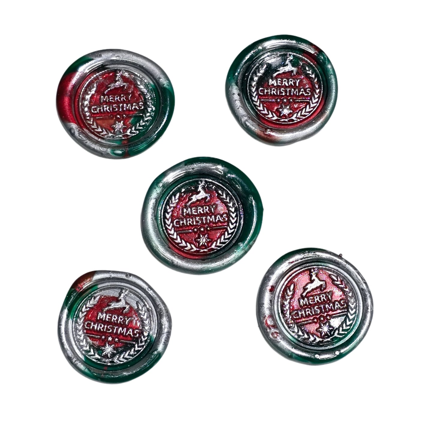Merry Christmas Wax Seals in Red, Green & Silver Features Wreath & Deer Set of Five