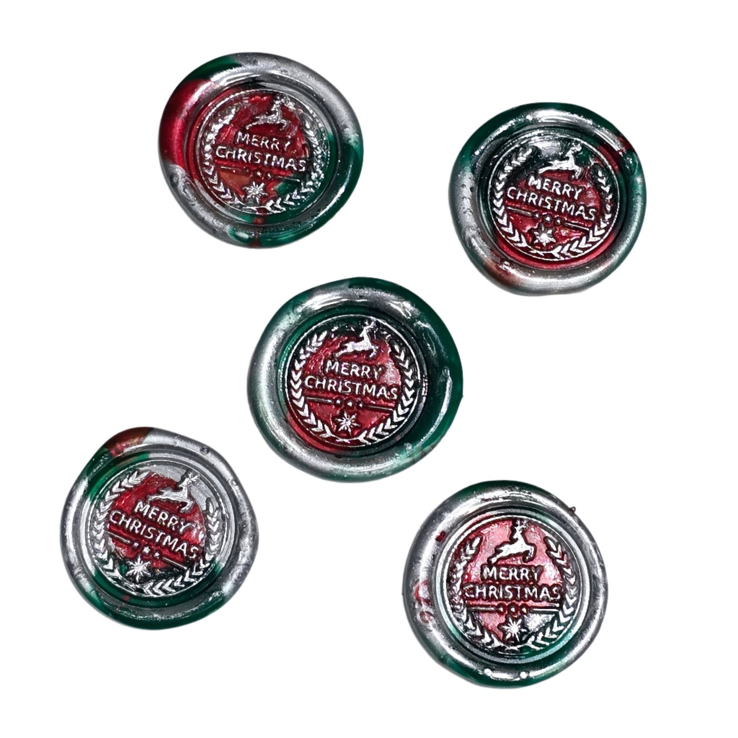 Merry Christmas Wax Seals in Red, Green & Silver Features Wreath & Deer Set of Five