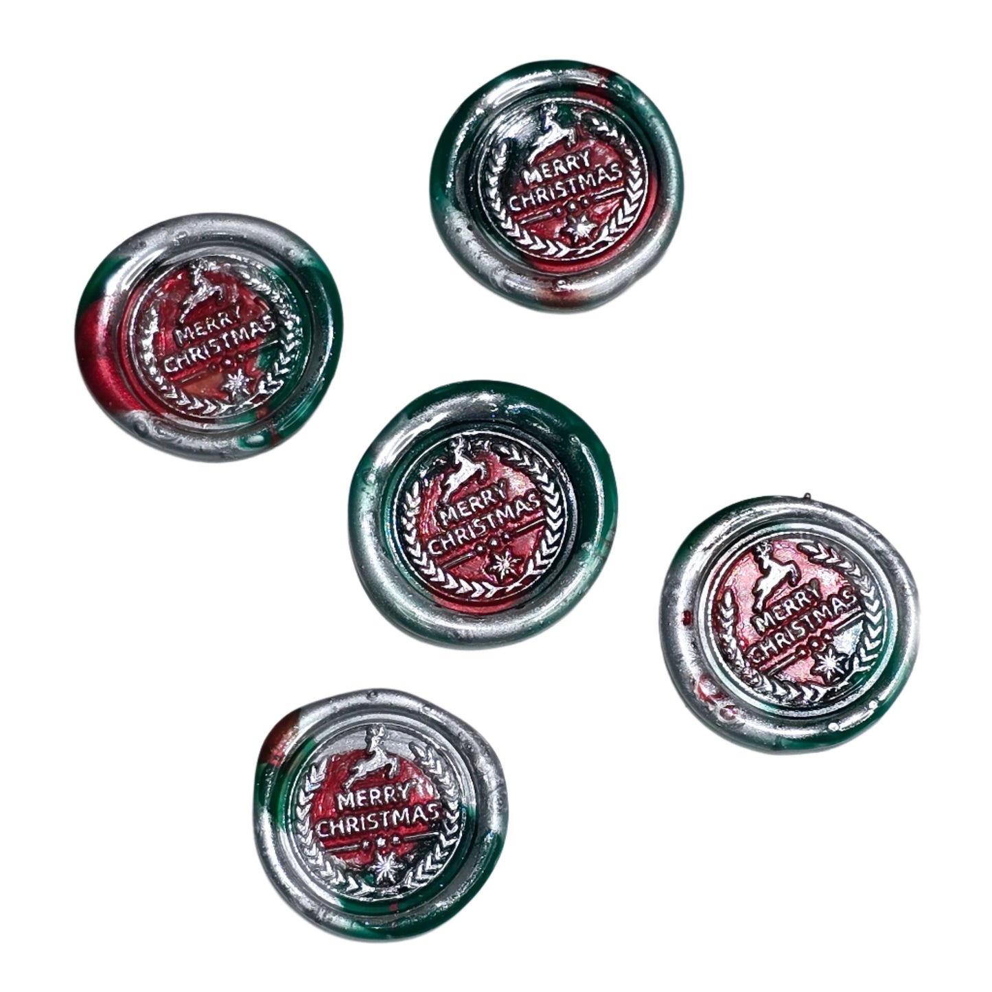 Merry Christmas Wax Seals in Red, Green & Silver Features Wreath & Deer Set of Five