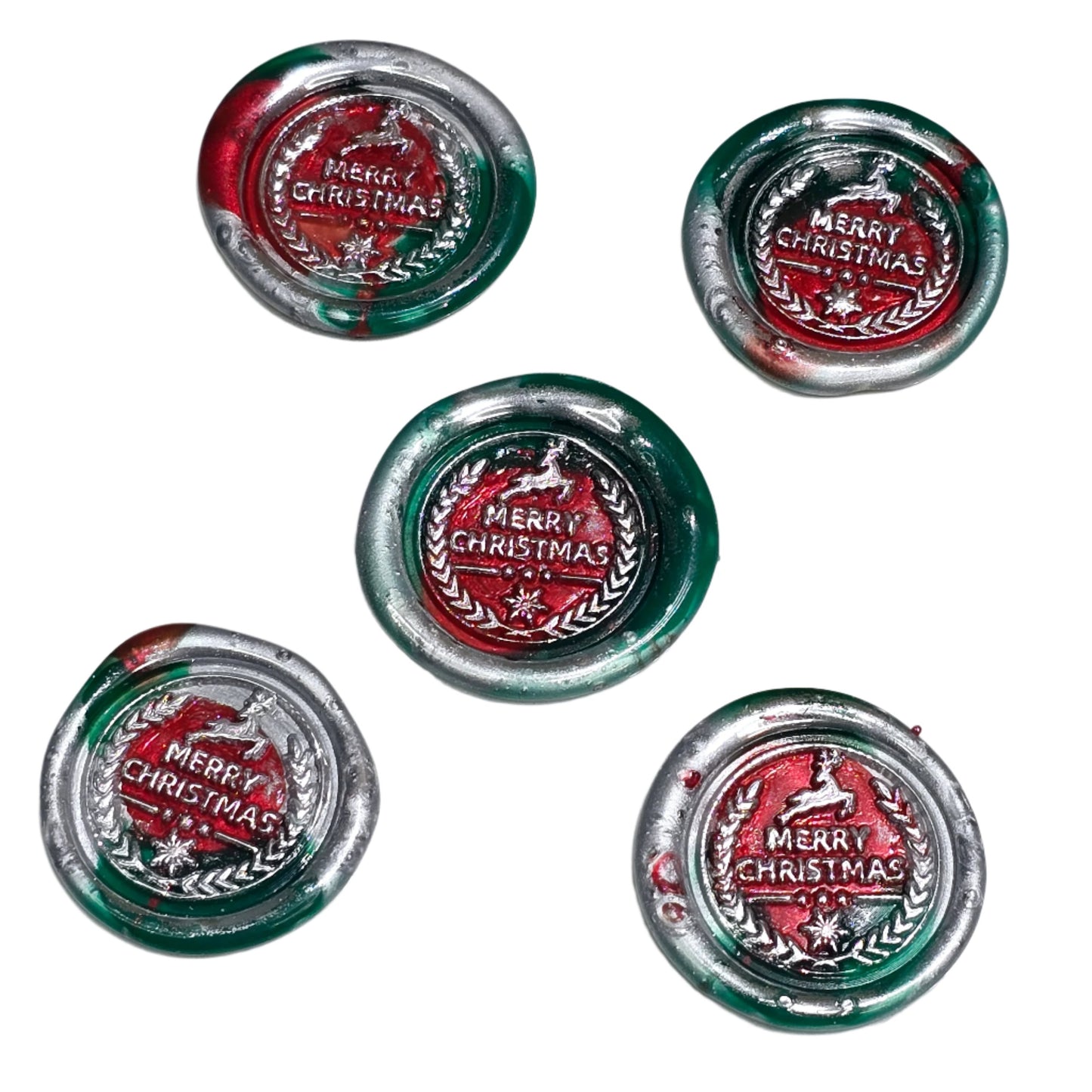 Merry Christmas Wax Seals in Red, Green & Silver Features Wreath & Deer Set of Five
