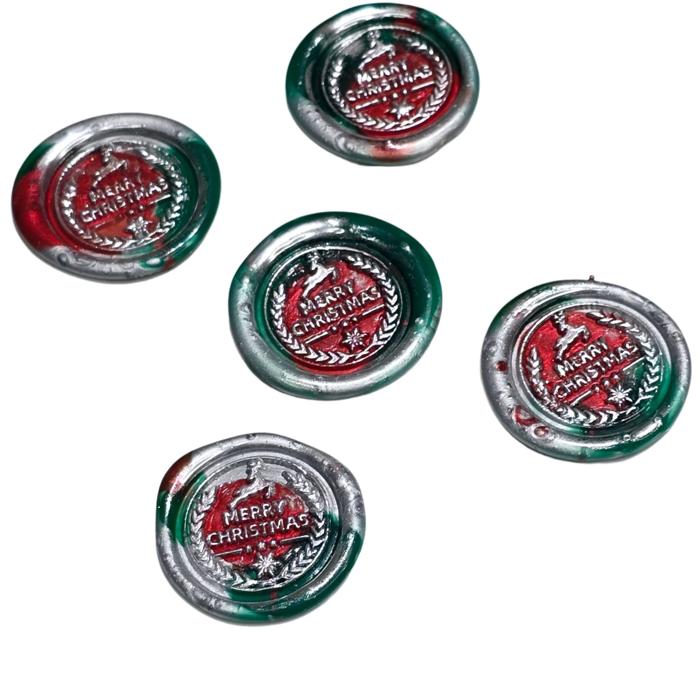 Merry Christmas Wax Seals in Red, Green & Silver Features Wreath & Deer Set of Five