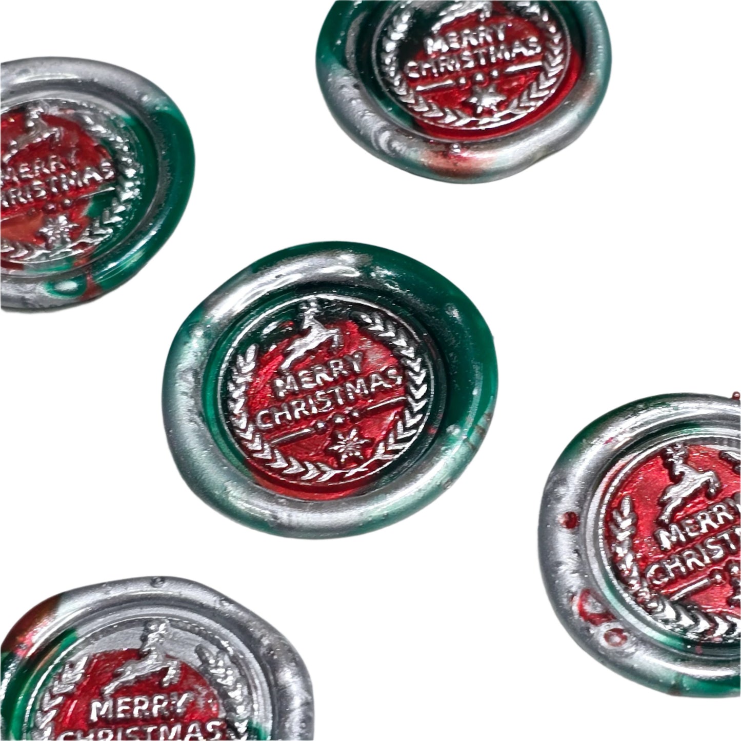 Merry Christmas Wax Seals in Red, Green & Silver Features Wreath & Deer Set of Five