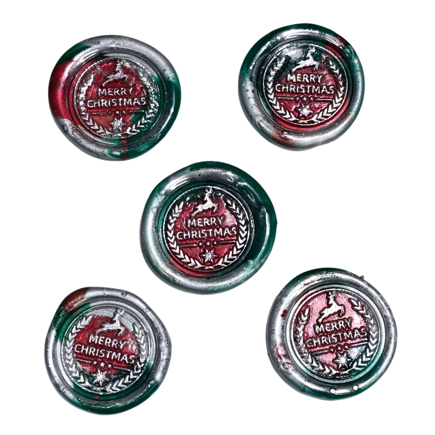Merry Christmas Wax Seals in Red, Green & Silver Features Wreath & Deer Set of Five