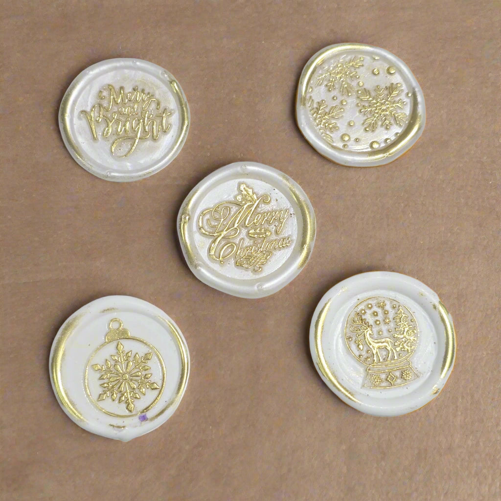Christmas Wax Seals Pearl White & Gold Assorted Designs Set of Five
