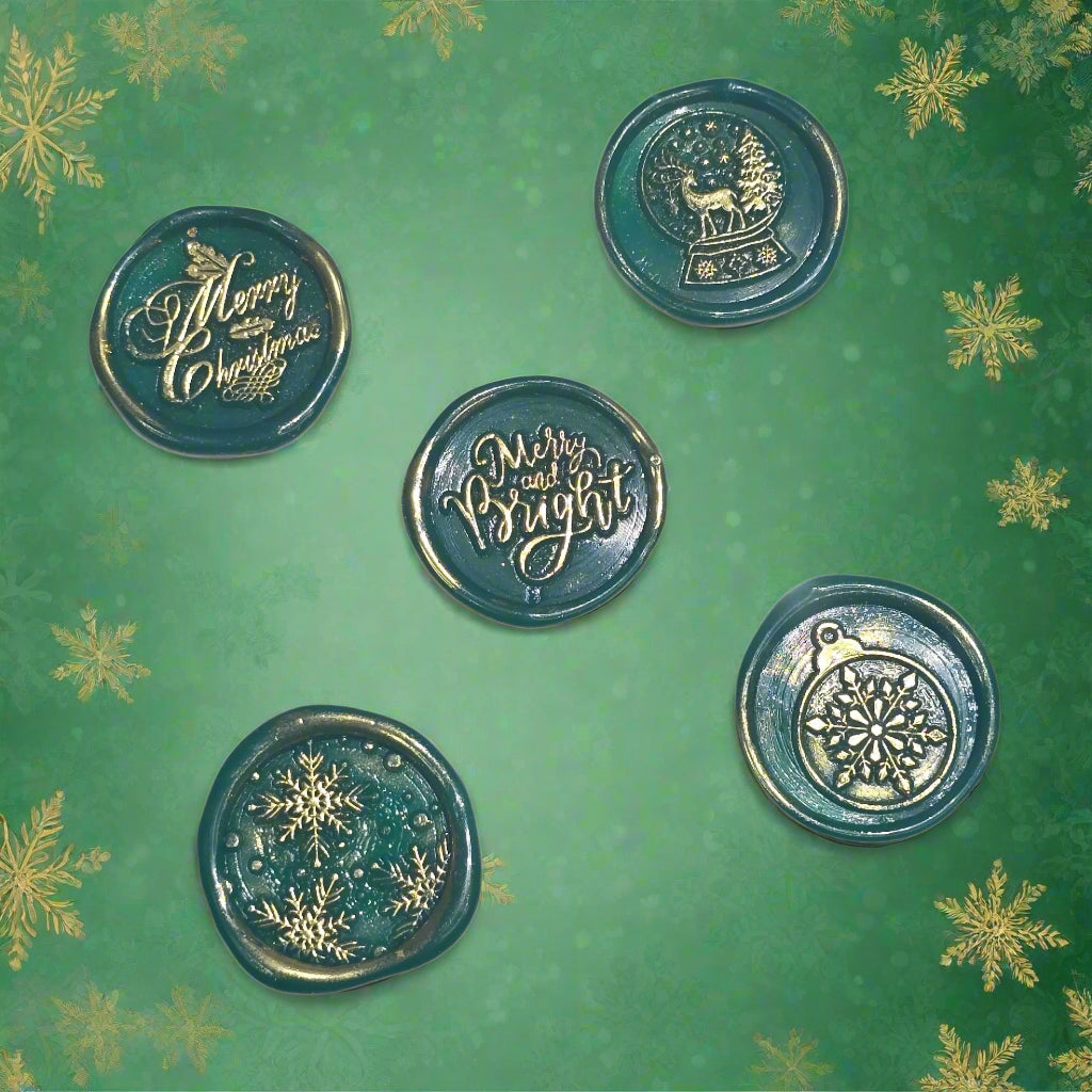 Christmas Wax Seals Green & Gold Assorted Designs Set of Five for Cards & Gifts!