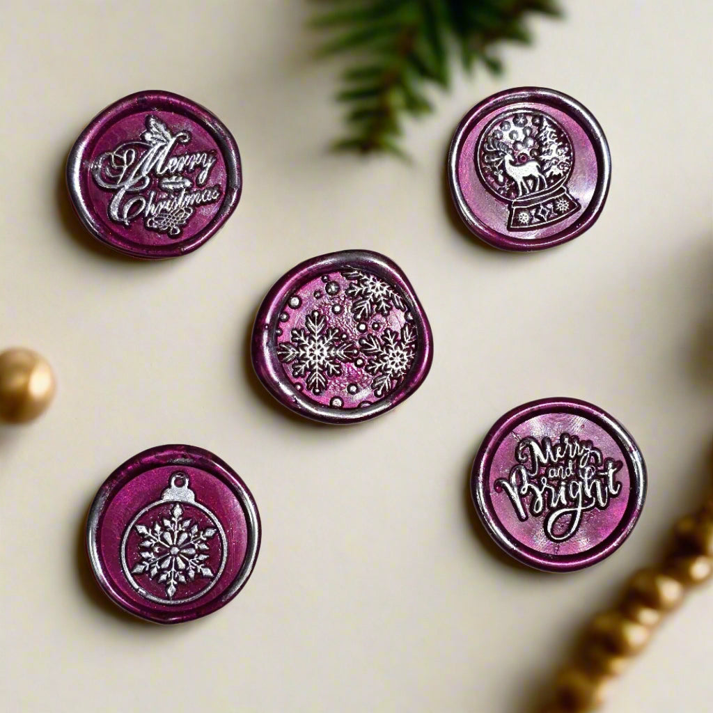 Christmas Wax Seals Mulberry Red & Silver Assorted Designs Set of Five