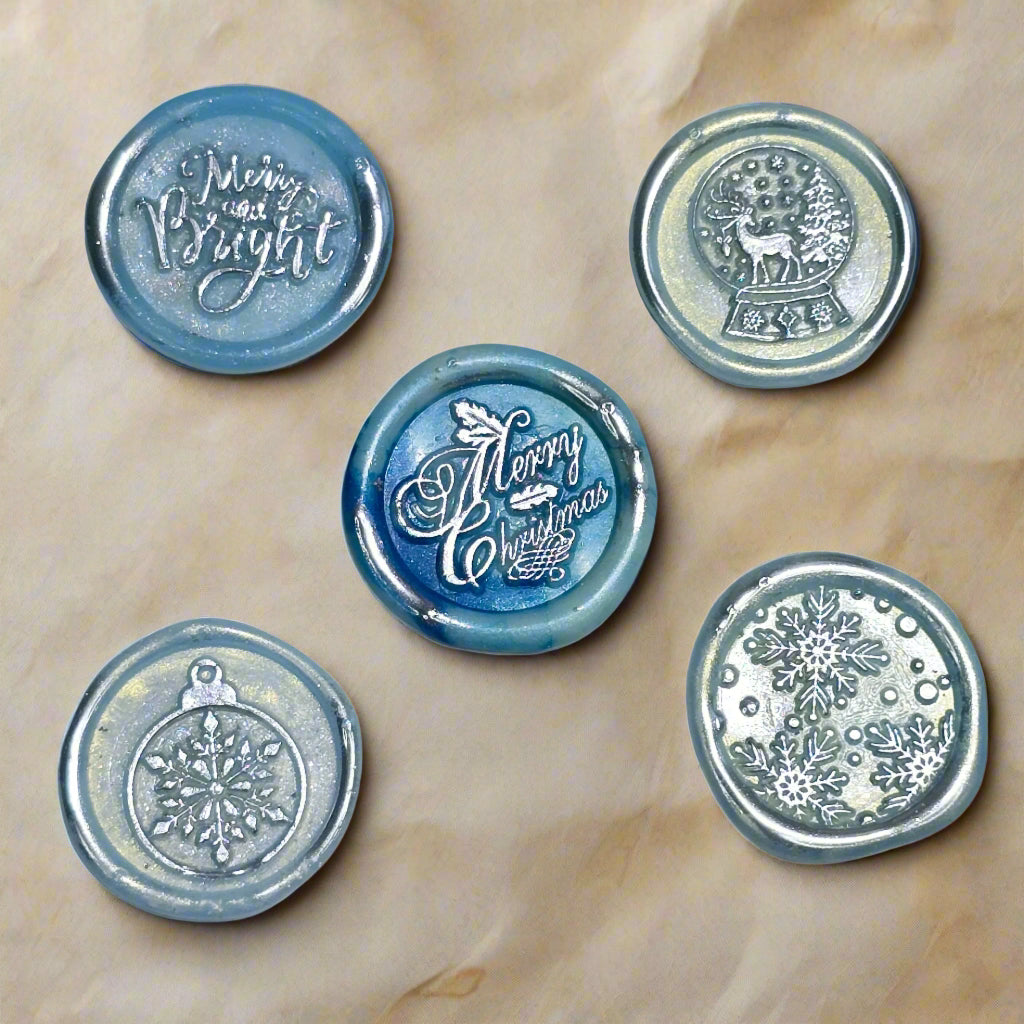 Christmas Wax Seals Ice Blue & Silver Assorted Designs Set of Five for Cards & Gifts!