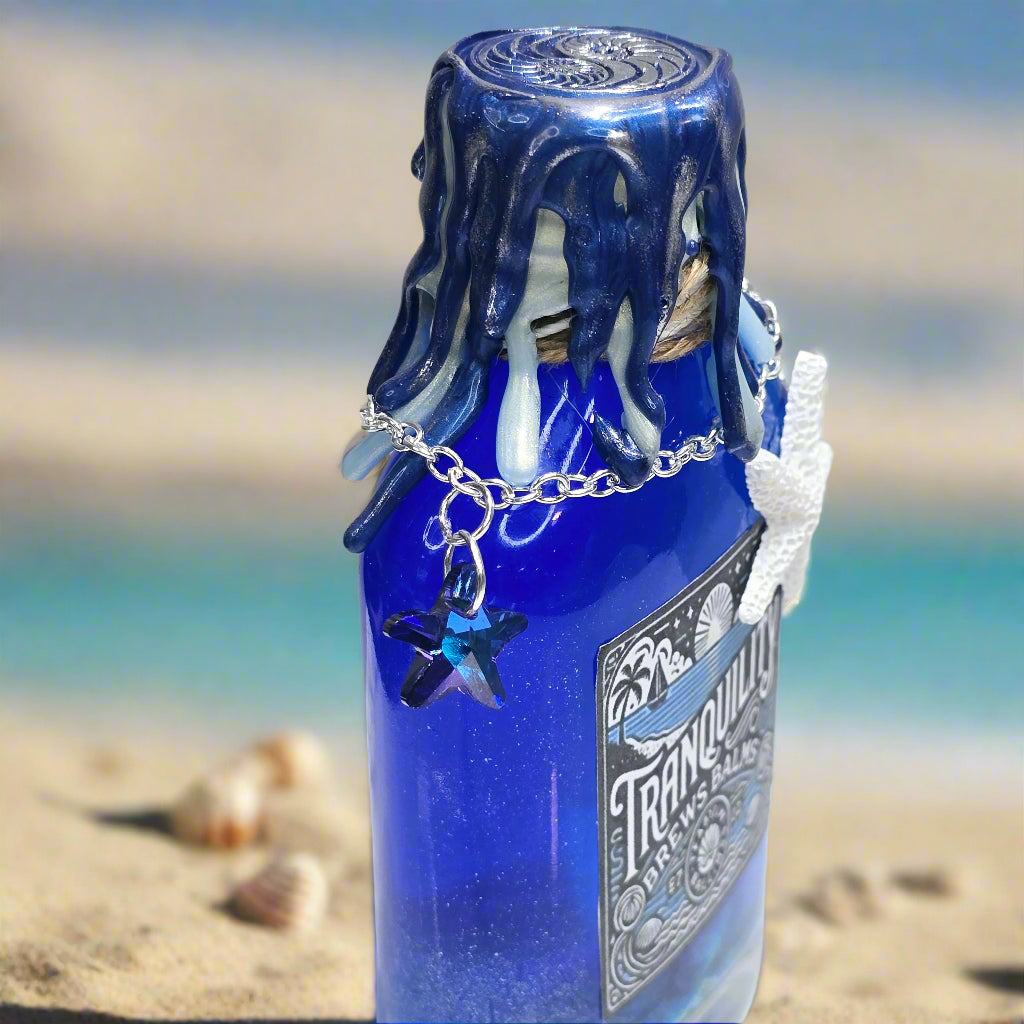 Tranquility Brews Balms Glass Potion Bottle Prop - Decorative Gift with Color Changing Liquid & Starfish Accents 5 Inches Tall