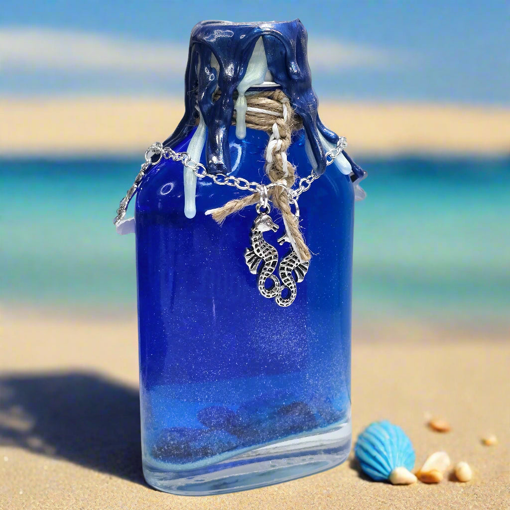 Tranquility Brews Balms Glass Potion Bottle Prop - Decorative Gift with Color Changing Liquid & Starfish Accents 5 Inches Tall