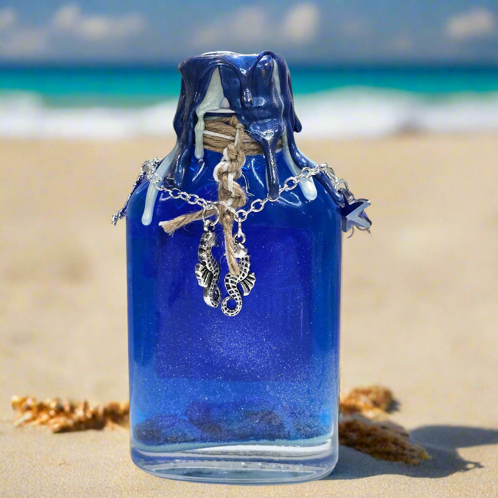 Tranquility Brews Balms Glass Potion Bottle Prop - Decorative Gift with Color Changing Liquid & Starfish Accents 5 Inches Tall